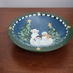 Wooden Bowl with Hand Painted Christmas Scene 6.5" Diameter Holiday Decor